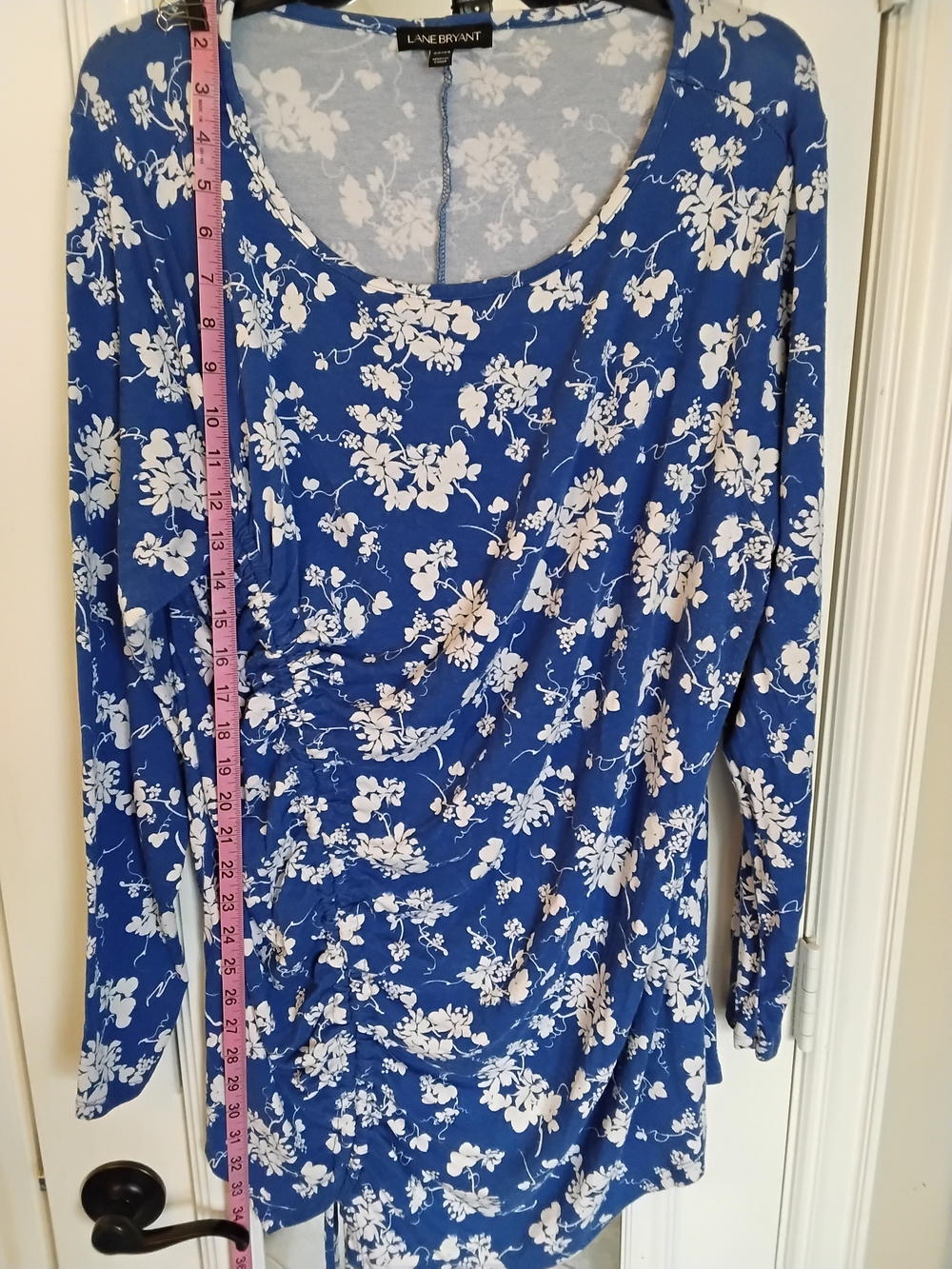 Lane Bryant Royal Blue and White Floral Scoop-Neck Long Sleeve Top